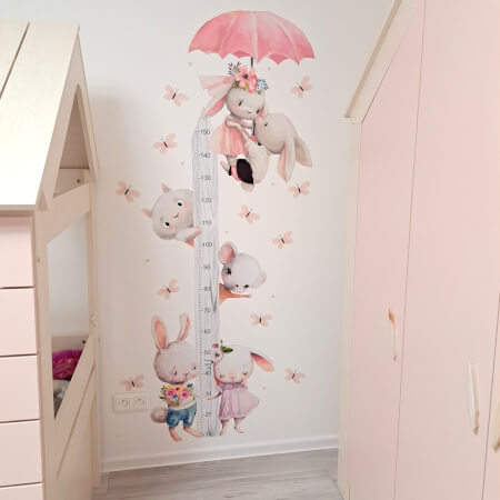 Detský meter na stenu pre dievčatá - Akvarelové zajačiky 