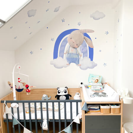 Nálepky na stenu pre chlapcov - Zajačik s dúhou, hviezdami a obláčikmi 