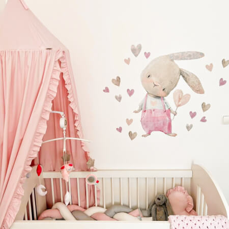 Nálepka na stenu - Ružový zajko so srdiečkom