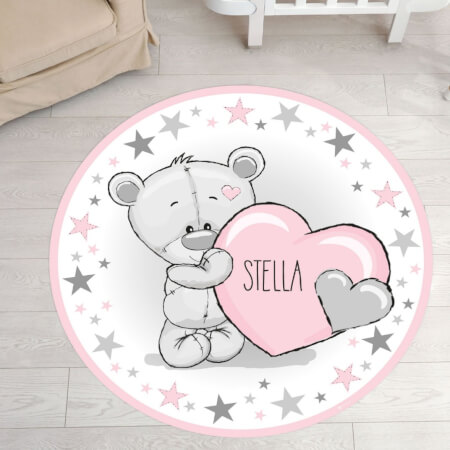 Kinderzimmer teppich - Puderfarbener Teddybär mit Sternen und Name