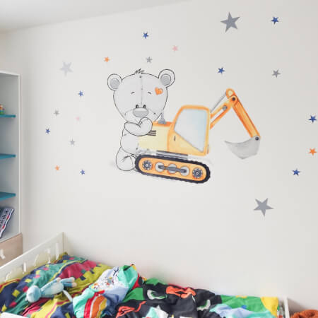 Children's wall stickers - Teddy bear, yellow excavator and stars