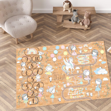 Veľký dievčenský koberec z korku s vílami a detskými hrami