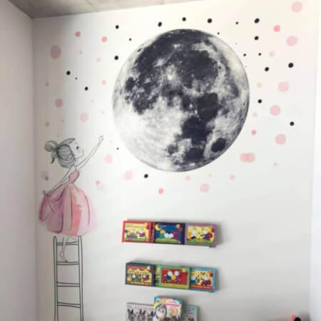 Samolepka na stenu - Mesiac a dievča v ružovej farbe, veľká nálepka