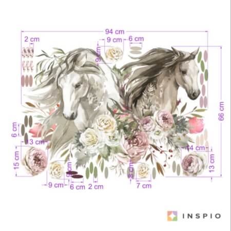 Samolepky na zeď pro teenagery - Romantické koně s květinami