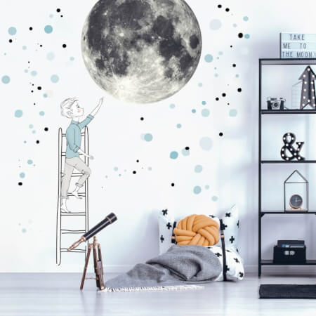 Samolepka na stenu - Mesiac a chlapec v modrej farbe, veľká nálepka