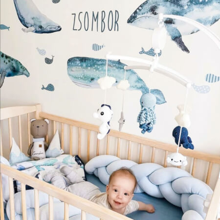 Dětské samolepky na zeď - Samolepicí tapeta s velrybami a jménem