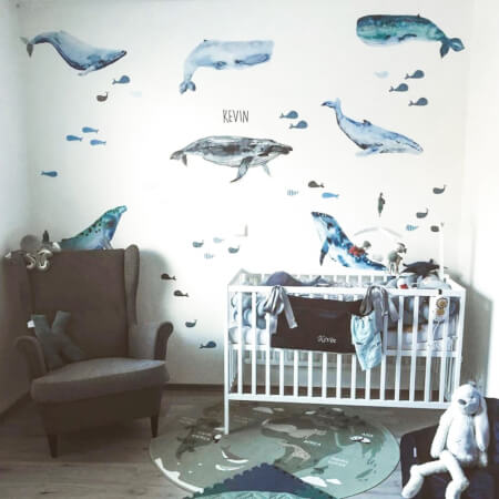 Dětské samolepky na zeď - Samolepicí tapeta s velrybami a jménem