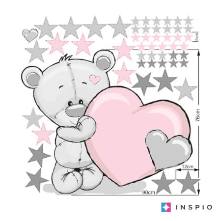 Children's wall sticker - Teddy bear with powdered heart and name