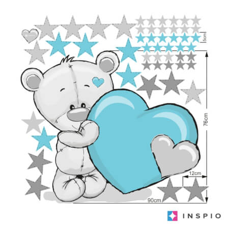 Sticker above the bed - Teddy bear with a turquoise heart and name