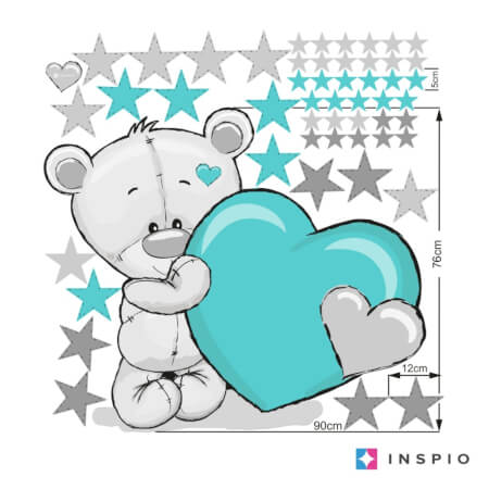 Sticker for the children's room - Teddy with a turquoise heart and stars