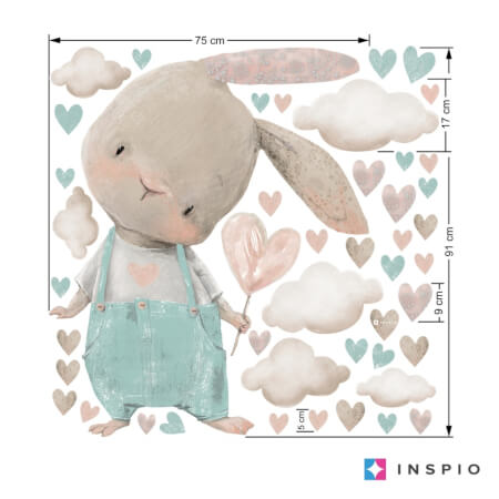 Wall decal - Watercolor bunny with mint hearts