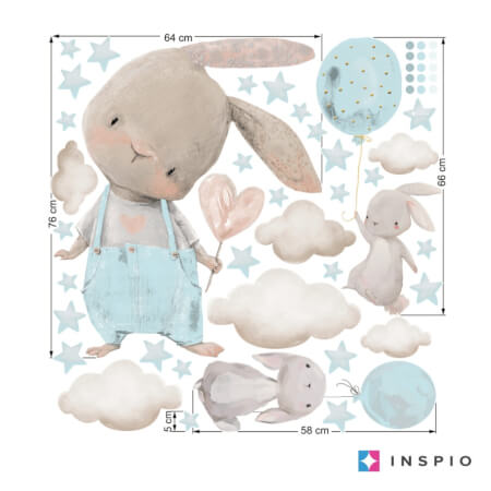 Stickers for the room - Bunnies in light blue design with balloons
