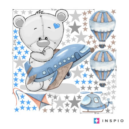 Boys' wall sticker - Teddy bear with blue airplane