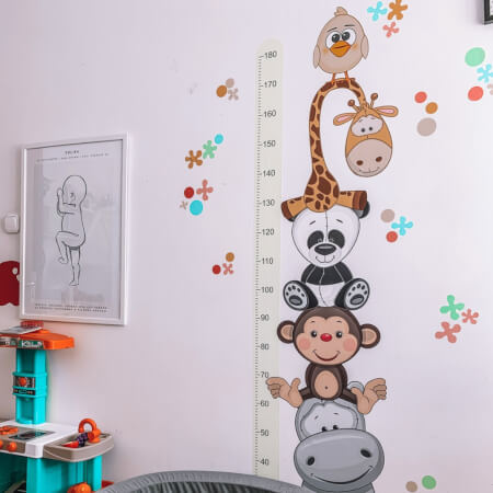 Adhesivo para pared: medidor para niños con animales felices (180 cm)