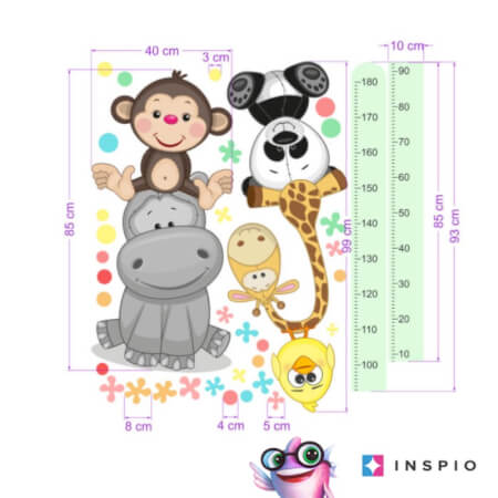 Wandtattoo - Messlatte für Kinder mit fröhlichen Tieren (180 cm)