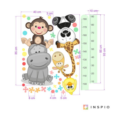 Wall sticker - Child growth meter and Happy animals (180cm)
