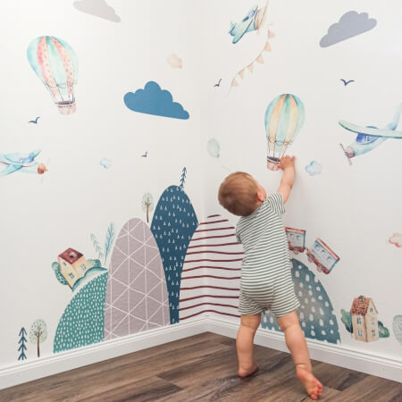 Self-adhesive wall stickers - Hills, airplanes, balloons and a train
